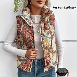 Colorful Paisley Puffer Vest, Front Zip With Pockets.